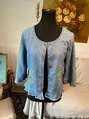 C.B Casual Jean Denim Embroidered Summers Vintage Button-Front Jacket Cardigan S